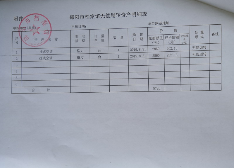邵陽市檔案館固定資產(chǎn)無償劃撥公示