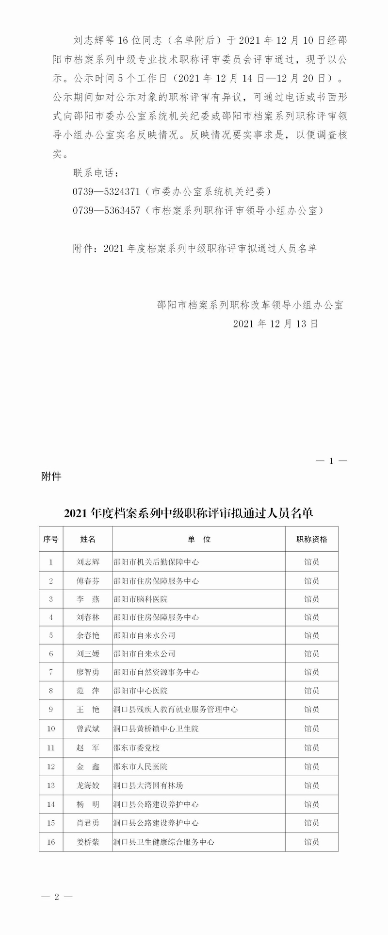 關(guān)于邵陽市2021年度檔案系列中級職稱 評審結(jié)果的公示