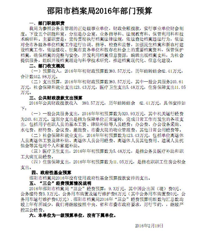 邵陽市檔案局2016年度部門預算公開表