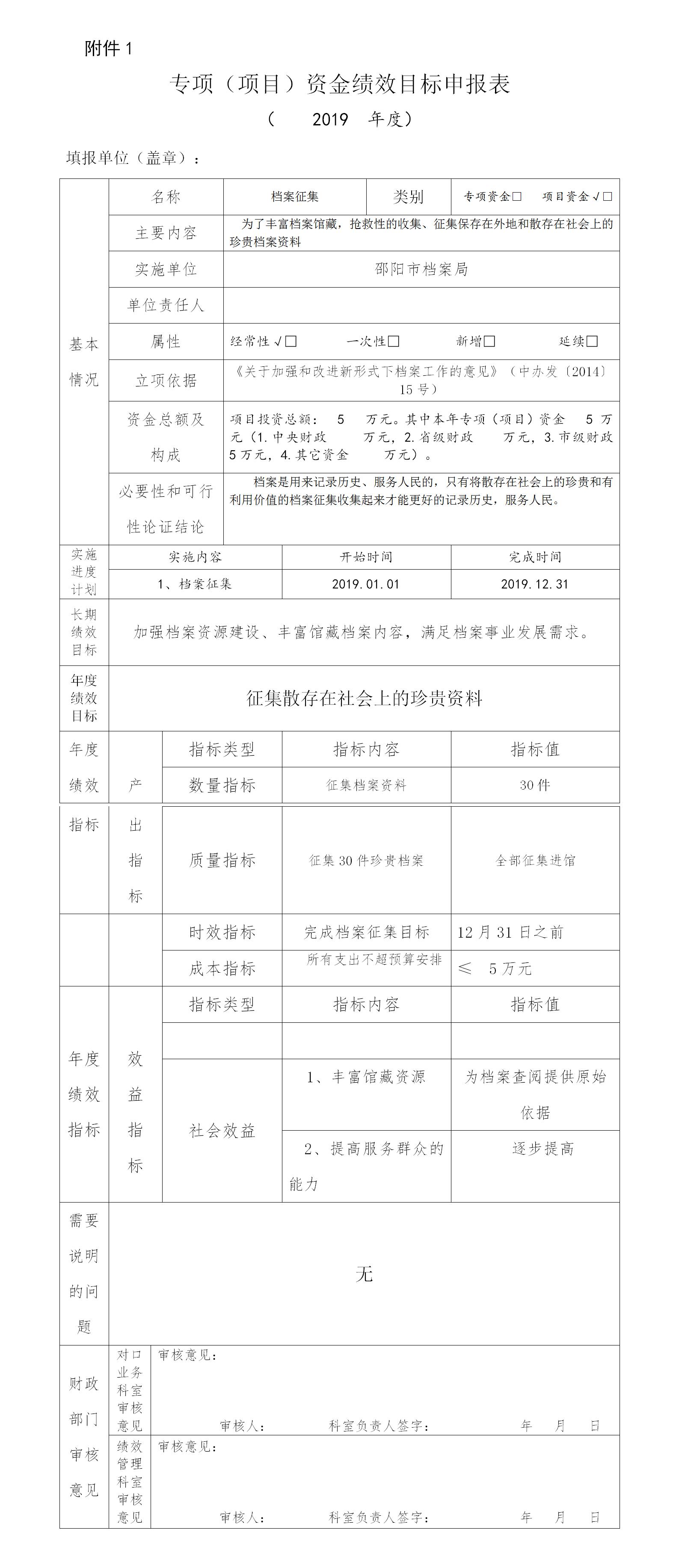 邵陽市檔案局2019年專項資金績效目標申報表