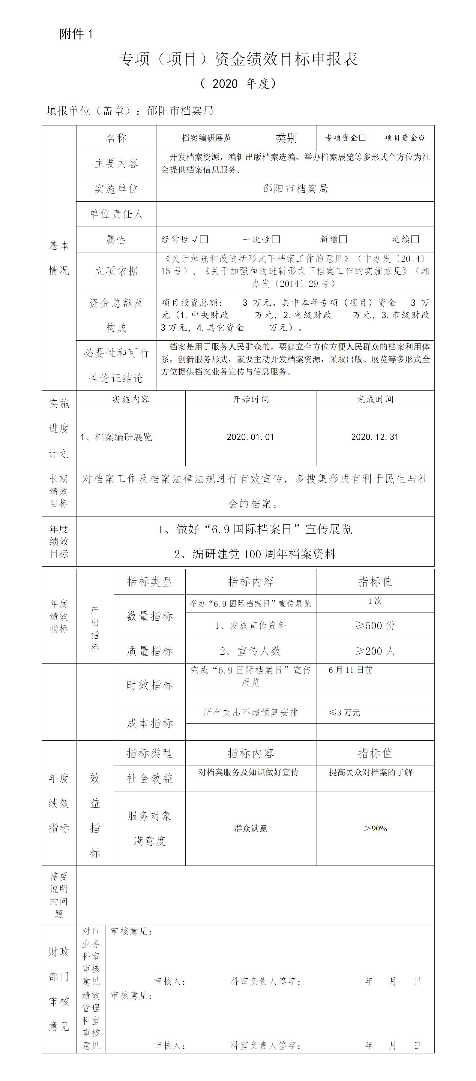 邵陽市檔案局2020年項目經(jīng)費績效申報表