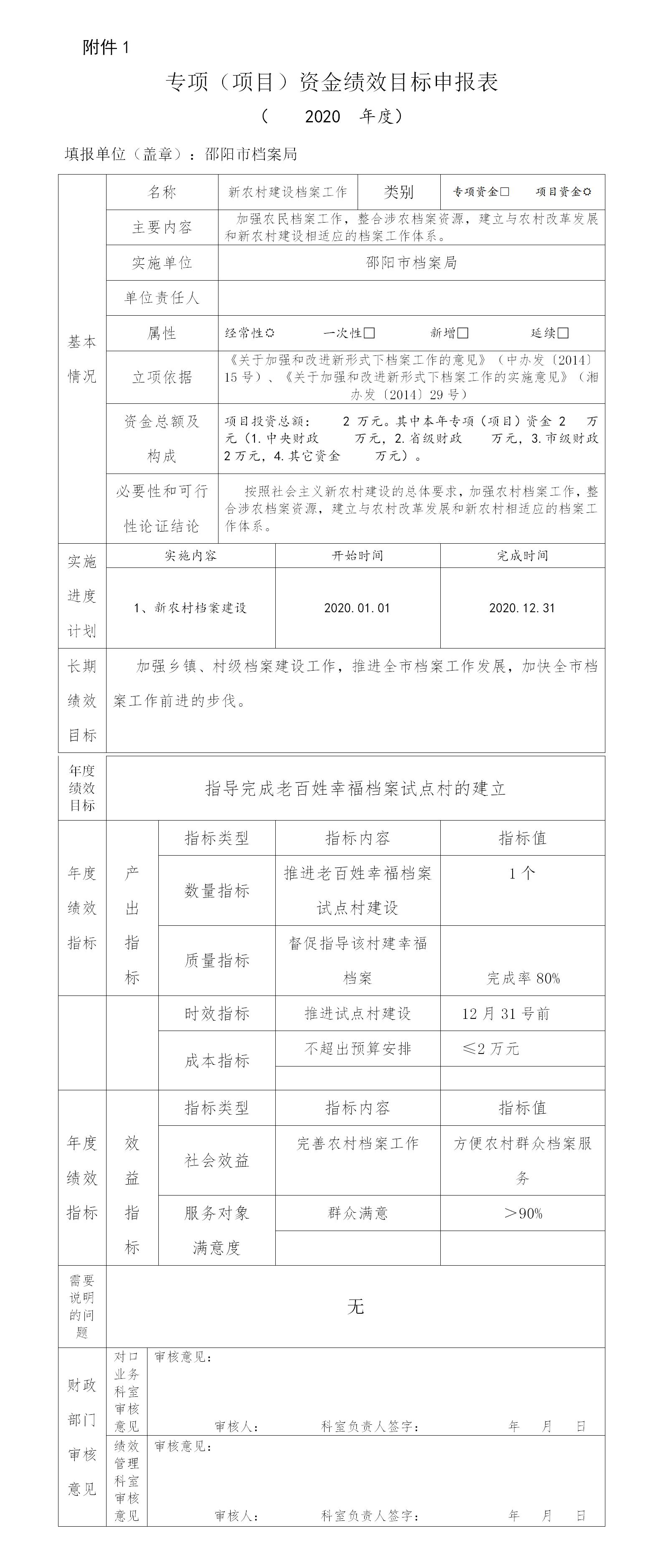 邵陽市檔案局2020年項目經(jīng)費績效申報表